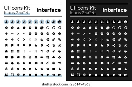 Minimalistic and simple looking glyph ui icons set for dark, light mode. Silhouette symbols for night, day themes. Solid pictograms. Vector isolated illustrations. Montserrat Bold, Light fonts used