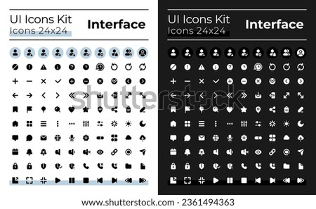 Minimalistic and simple looking glyph ui icons set for dark, light mode. Silhouette symbols for night, day themes. Solid pictograms. Vector isolated illustrations. Montserrat Bold, Light fonts used