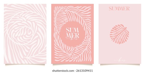 Minimalistic simple naive and hippie groovy style posters set - tropic plants, palm leaves design templates, frames and prints with copy space for text for covers, ad. Vector boho illustration.