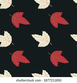 Minimalistic simple nature seamless pattern with light yellow and red leaves. Dark background. Perfect for fabric design, textile print, wrapping, cover. Vector illustration.