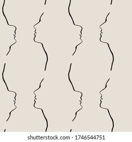 Minimalistic simple seamless pattern with contour pattern of girls profile. Modern stylish print for fabric or clothing. Hand drawn line. Aesthetic and elegant wallpaper or packaging. EPS 10 vector
