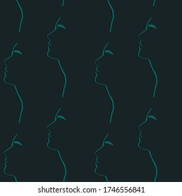 Minimalistic simple seamless pattern with contour pattern of girls profile. Modern stylish print for fabric or clothing. Hand drawn line. Aesthetic and elegant wallpaper or packaging. EPS 10 vector
