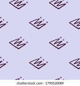 Patrón minimalista simple y sin fisuras con siluetas de corona morada. Fondo azul claro. Fondo decorativo para papel pintado, papel envolvente, papel textil, tela. Ilustración vectorial.