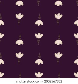 Minimalistic simple style seamless pattern with doodle flowers elements shapes. Purple background. Vector illustration for seasonal textile prints, fabric, banners, backdrops and wallpapers.