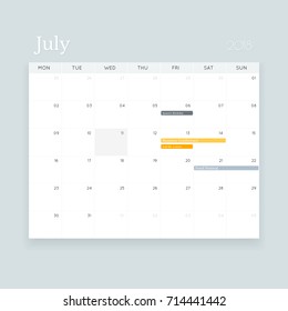 Minimalistic simple vector July 2018 event calendar template