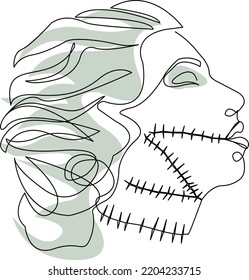 Minimalistic single line illustration. Profile of a girl with Bride of Frankenstein makeup. Halloween themed continuous line portrait. Simple hand-drawn sketch. Vector silhouette on white background