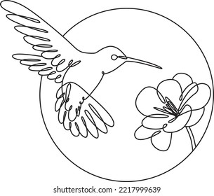 Minimalistic single line vector bird fly with flower