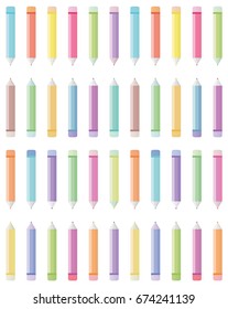 Minimalistic Six Colored Pencils Blue, Orange, Yellow, Red, Green, Purple With Erasors SEAMLESS pattern White - Background Wallpaper Vector Illustration 