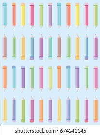 Minimalistic Six Colored Pencils Blue, Orange, Yellow, Red, Green, Purple With Erasors SEAMLESS pattern Light Blue - Background Wallpaper Vector Illustration 