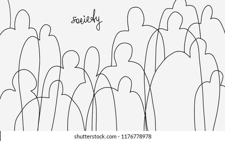 Minimalistic sketch on theme of society. Idea of facelessness of the crowd. Concept of loss of personality in mass. Use as social advertising, banner, poster, icon, logo. Vector isolated curl lines