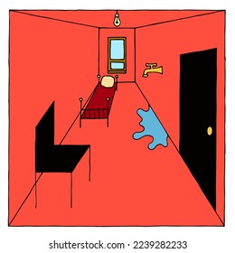 Minimalistic and slightly strange and frightening interior of the room of an introvert. Mental disorders.