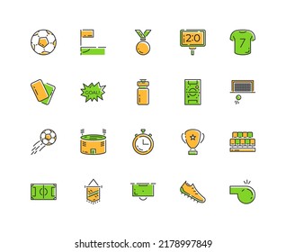 Minimalistic soccer line icon set. Stadium, ball, field, cup, yellow card, player, t-shirt icon. Vector illustration