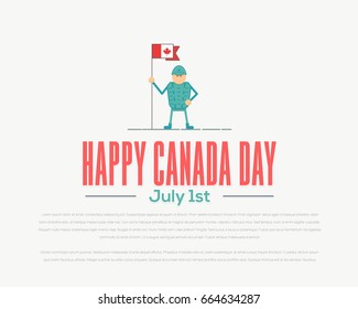 Minimalistic Soldier Hold Flag, Vector Illustration. Canada National Day Celebration Card, Badge, Banner or Poster Design. July 1st