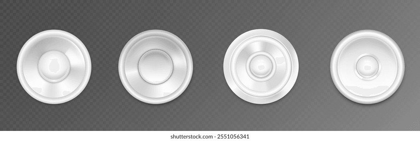 Conos de altavoz minimalistas en color blanco con diseño circular concéntrico. Conjunto de Ilustración vectorial 3D realista de elemento de equipo de audio moderno para el diseño de sonido de música. Dispositivo de sistema acústico estéreo.