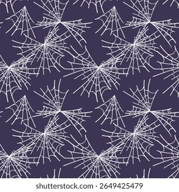 Fundo minimalista da teia de aranha sobre fundo escuro. Padrão de vetor sem emenda para Halloween. Teia de aranha em técnica de esboço.