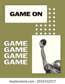 Minimalistic sport poster in mixed media style. American football player with ball in hand. Urban halftone effects, pixelated bitmap texture. Perfect for sports designs.