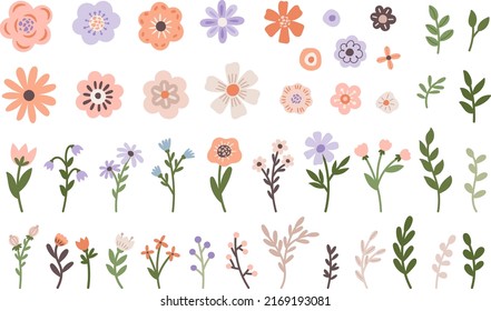 Minimalistic spring florals vector illustration set. Cartoon simple flowers, leaves, brunches, plants