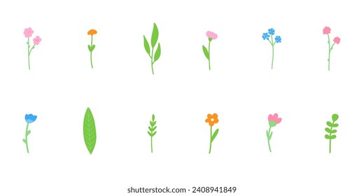 Minimalistic spring florals vector illustration set. Cartoon simple flowers, leaves, brunches, plants isolated on white background.