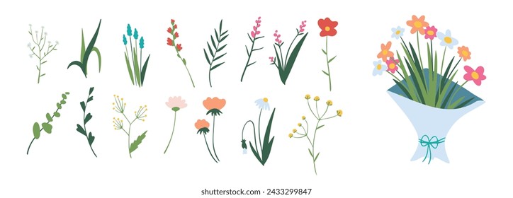 Minimalistic spring florals vector illustration set. Cartoon simple flowers, leaves, brunches, plants