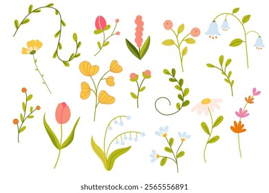 Minimalistic spring florals vector illustration set. Simple flowers, leaves, brunches, plants