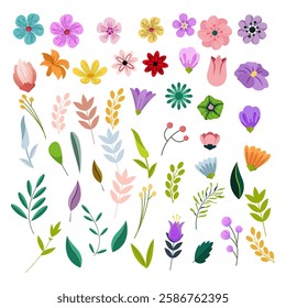 Minimalistic spring florals vector illustration set. Cartoon simple flowers, leaves, brunches, plants hand drawn collection 