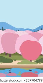 "Minimalistic spring landscape illustration with blooming pink trees, green hills, and a serene pond, perfect for seasonal themes or nature designs."