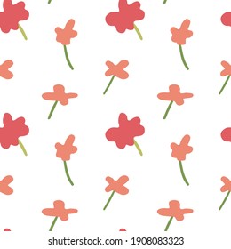 Minimalistic spring pattern with bright orange and red flowers in flat style on a white background