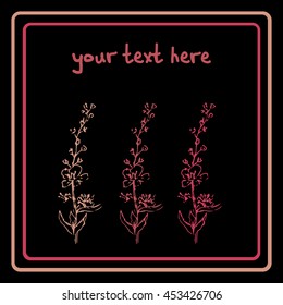 Minimalistic square card with a graphic picture of a flower with a stem and leaves. Black background. Handmade. There is a place for your text.