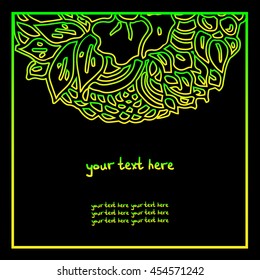 Minimalistic Square Vector card with floral ornament. Handmade. There is a place for your text. Psychedelic colors. It can be used for packaging, invitations, greeting cards, etc.