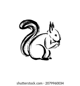 Minimalistic squirrel drawing in the technique of one ink stroke. Brush and paint texture.
