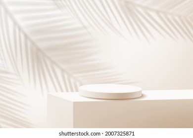 A minimalistic stage with a cylindrical podium and a shade of a palm tree in brown tones.