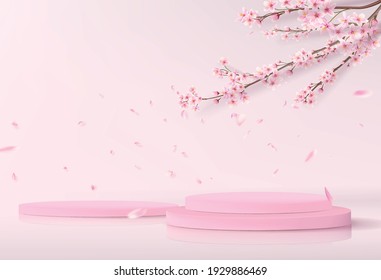 A minimalistic stage with empty cylindrical podiums. Showcase mockup for product showcase in pink with sakura branches on the background.