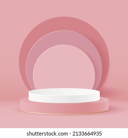 Minimalistic stage with a round podium. A cylindrical podium against a background of soft postel tones . Vector