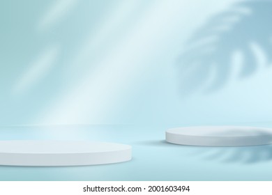 A minimalistic stage with a set of catwalks in pastel blue colors. Product demonstration platform with monstera leaf shadow.