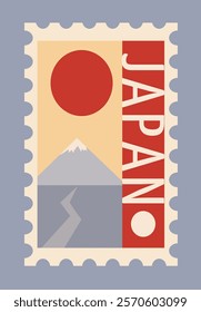 Minimalistic stamp with a red sun, Mount Fuji, and Japan text in bold, on a grey background. Symbolic of Japan's culture and design. Vector illustration