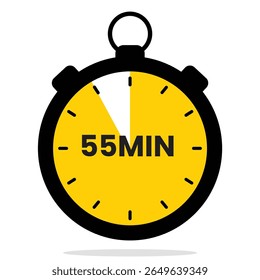 Minimalistic stopwatch vector showing 55 minutes elapsed in yellow. Ideal for countdown, time tracking, productivity visuals and deadline reminders. 