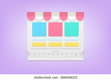 Tienda minimalista en el icono 3d del sitio web. Ventas en línea y compras minoristas. Ecommerce con bonificaciones de marketing y envío. Servicio electrónico e interfaz práctica. Vector aislado realista