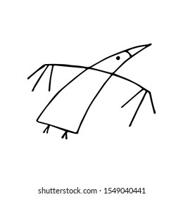 minimalistic strange crazy vector crow in scandinavian style hand-drawn on a white background, black and white drawing, black lines, bird, wings, beak