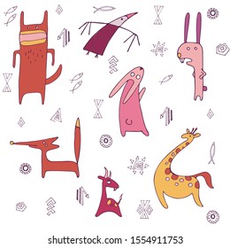 minimalistic strange vector animals in scandinavian style hand-drawn on a colored white background. Hare, giraffe, wolf, fox, crow, goats, rabbit, bird, fish, elements, sun, zigzag, arrow, rhombus, ci