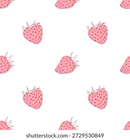 Patrón sin fisuras de fresas minimalistas. Fondo de verano festivo caprichoso en tonos rosados. Vector dibujado a mano ilustración simple para la tela, embalaje, papel de embalaje, Fondo de pantalla