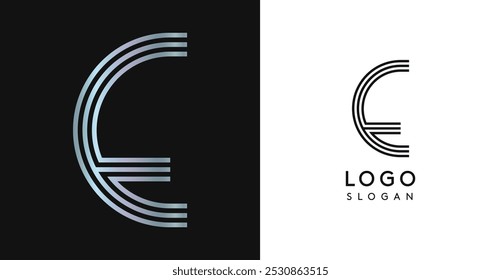 Minimalistic striped letter E, three lines monogram, shiny luxurious metallic gloss color logo for premium brand of jewels, fashion and beauty. Modern retro avant-garde identity. Vector illustration.