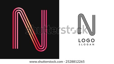Minimalistic striped letter N, three lines monogram, shiny luxurious metallic gloss color logo for premium brand of jewels, fashion and beauty. Modern retro avant-garde identity. Vector illustration.