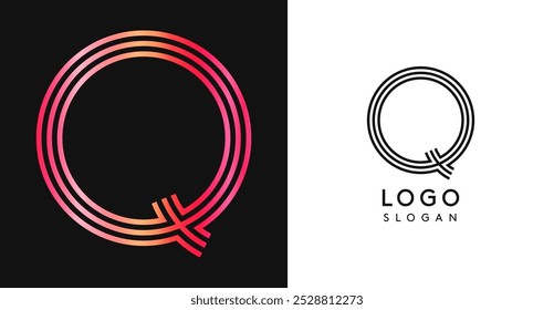 Minimalistic striped letter Q, three lines monogram, shiny luxurious metallic gloss color logo for premium brand of jewels, fashion and beauty. Modern retro avant-garde identity. Vector illustration.