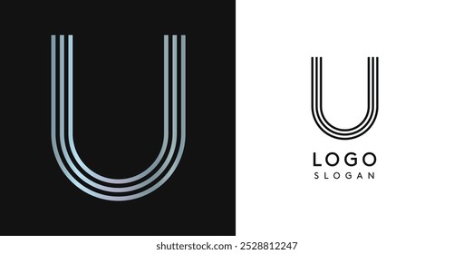 Minimalistic striped letter U, three lines monogram, shiny luxurious metallic gloss color logo for premium brand of jewels, fashion and beauty. Modern retro avant-garde identity. Vector illustration.