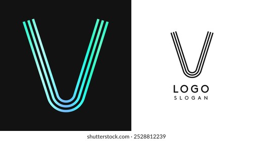 Minimalistic striped letter V, three lines monogram, shiny luxurious metallic gloss color logo for premium brand of jewels, fashion and beauty. Modern retro avant-garde identity. Vector illustration.