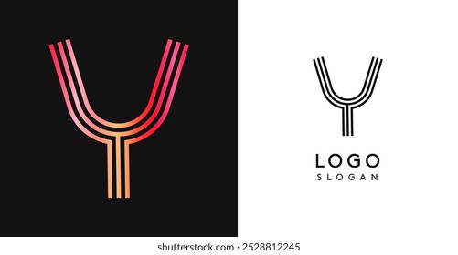 Minimalistic striped letter Y, three lines monogram, shiny luxurious metallic gloss color logo for premium brand of jewels, fashion and beauty. Modern retro avant-garde identity. Vector illustration.