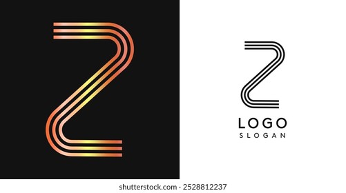 Minimalista rayado letra Z, monograma de tres líneas, brillante lujoso logotipo de color brillante metálico para la marca premium de joyas, moda y belleza. Identidad moderna de vanguardia retro. Ilustración vectorial.