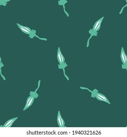 Estilo minimalista abstracto sin fisuras con elementos de hoja contorneada. Fondo turquesa. Impresión de garabatos. Impresión vectorial plana para textiles, tela, giftwrap, papel pintado. Ilustración sin fin.