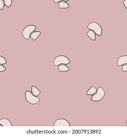 Minimalistic style autumn seamless pattern with doodle champignon shapes. Pink pastel background. Vector illustration for seasonal textile prints, fabric, banners, backdrops and wallpapers.