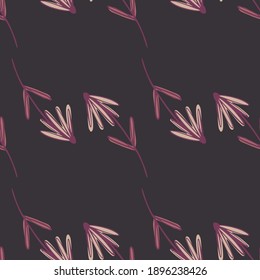 Minimalistic style dark seamless pattern with botanic flower silhouettes. Purple pale background. Vector illustration for seasonal textile prints, fabric, banners, backdrops and wallpapers.